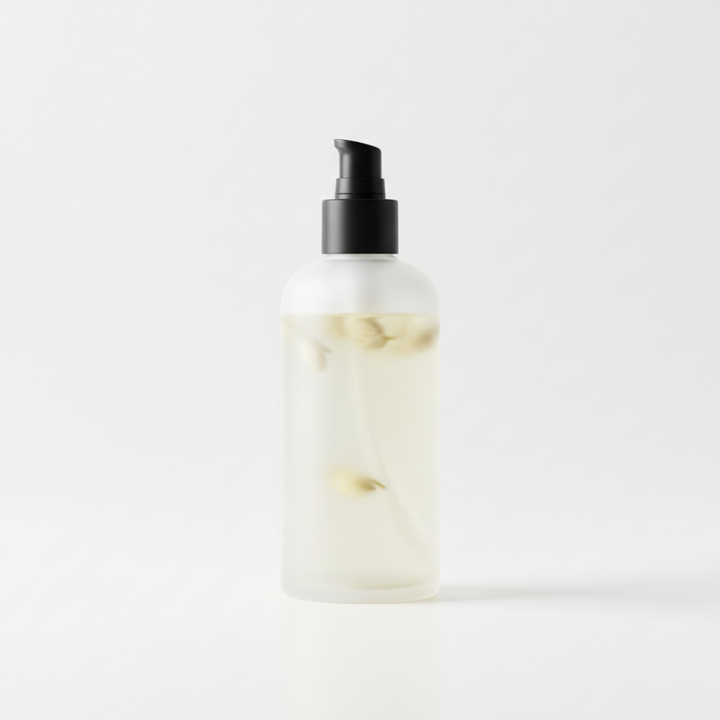 Jasmine Body Oil in a frosted glass bottle with black pump dispenser and visible jasmine flowers inside.